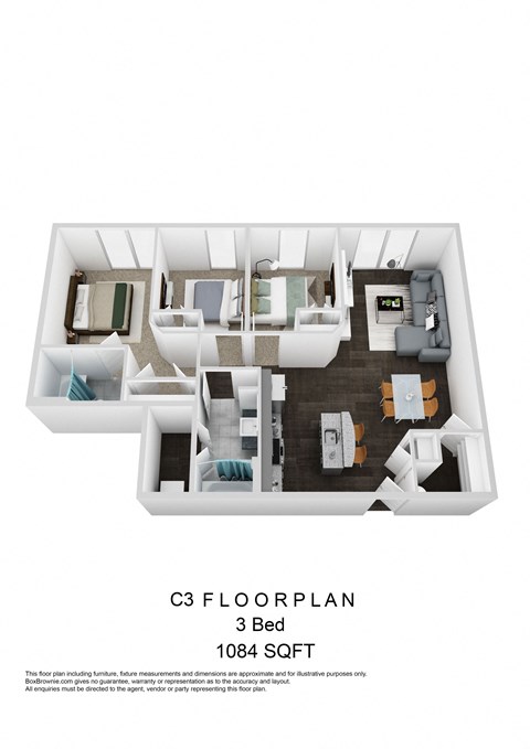 C3 Three Bedroom 3D Floorplan